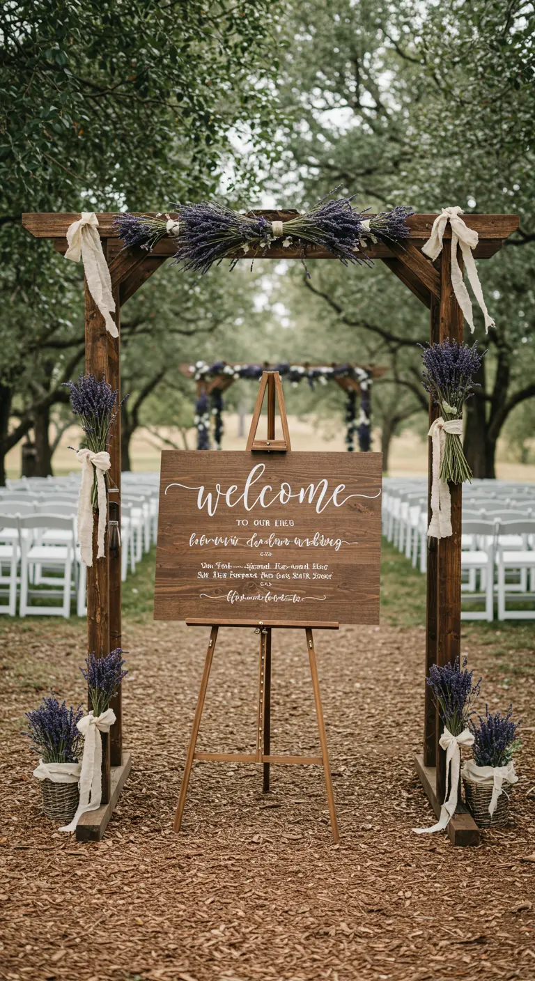 Arche d'entrée en bois sombre avec un panneau de bienvenue et des bouquets de lavande.