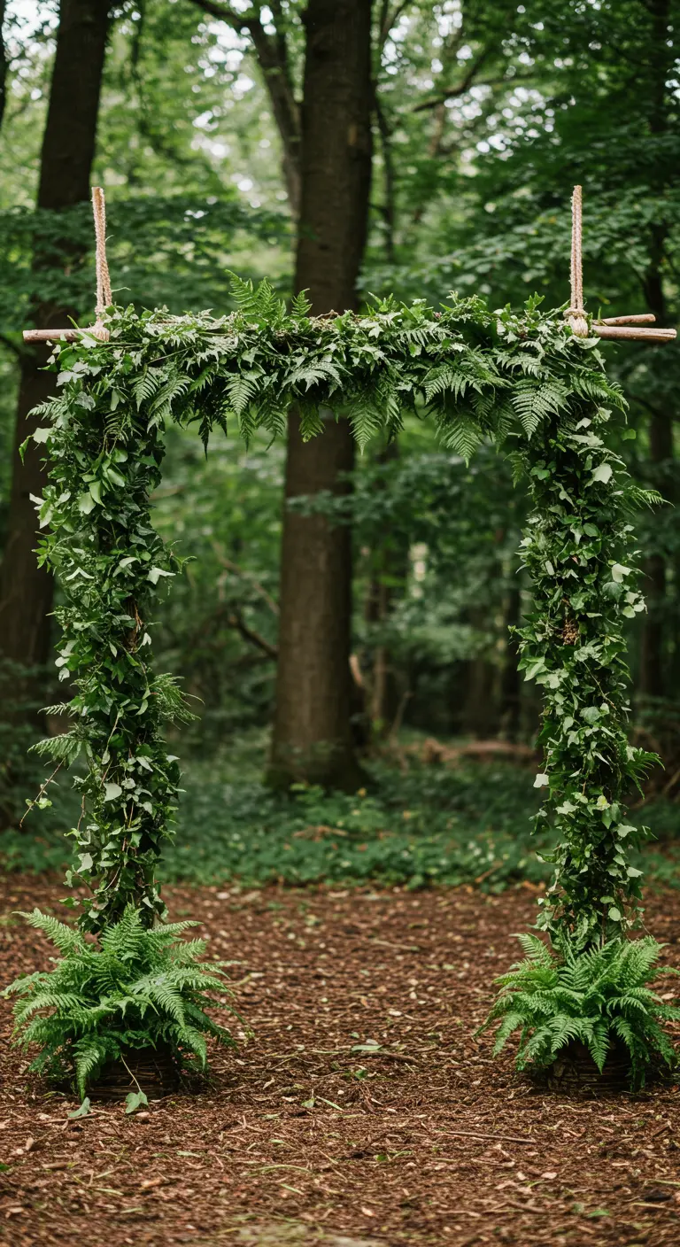 Arche entièrement recouverte de lierre et de fougères au milieu des bois.