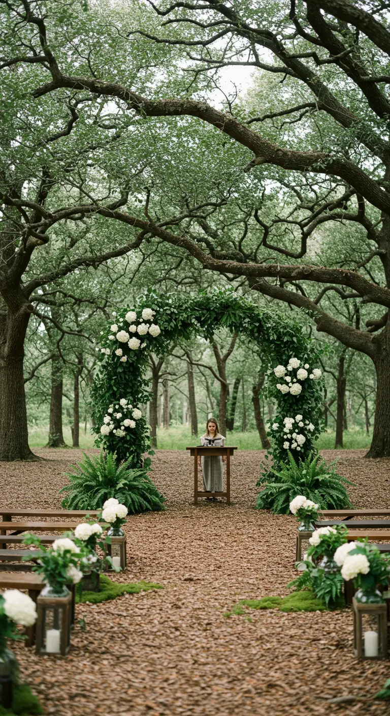 Arche de mariage classique couverte de lierre et de fleurs blanches dans une forêt verdoyante.