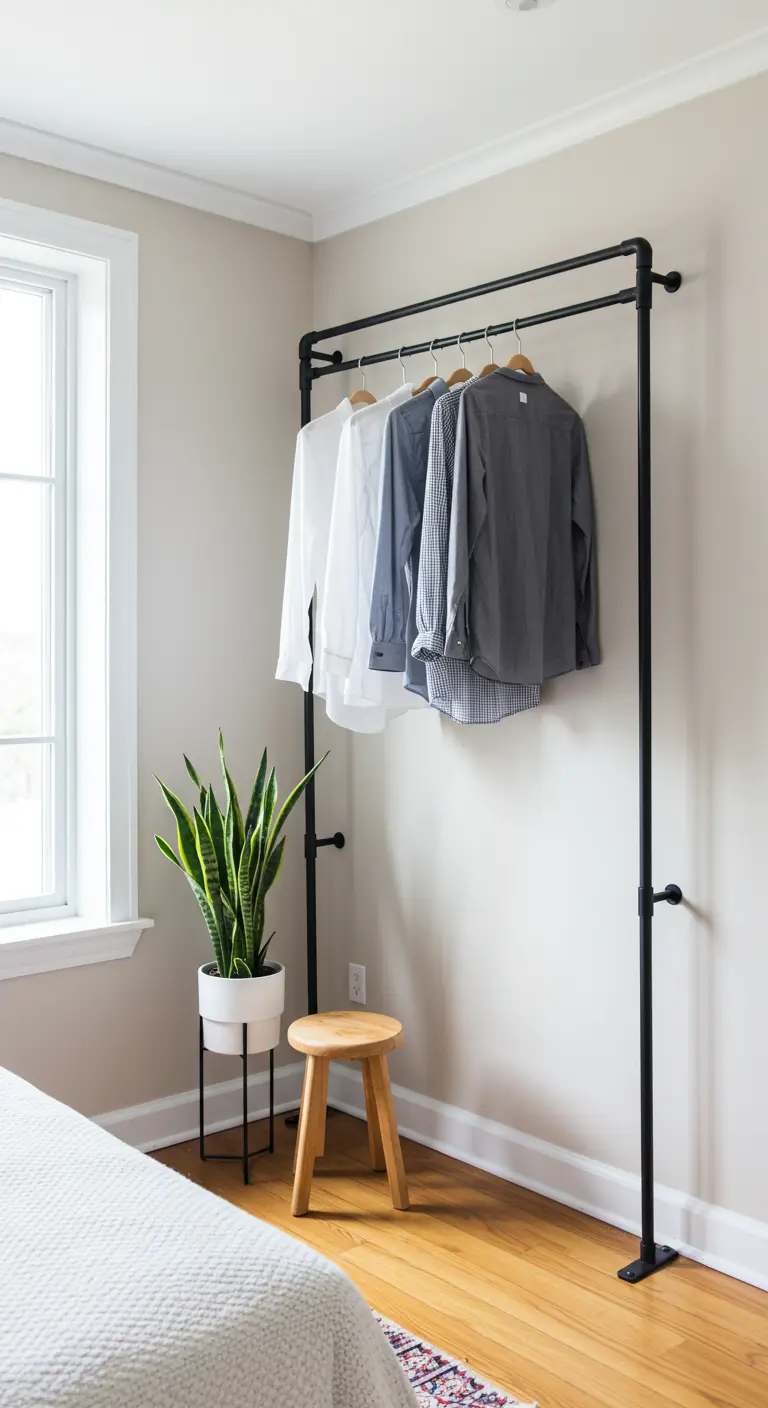 Portant à vêtements noir de style industriel fabriqué avec des tuyaux en métal.