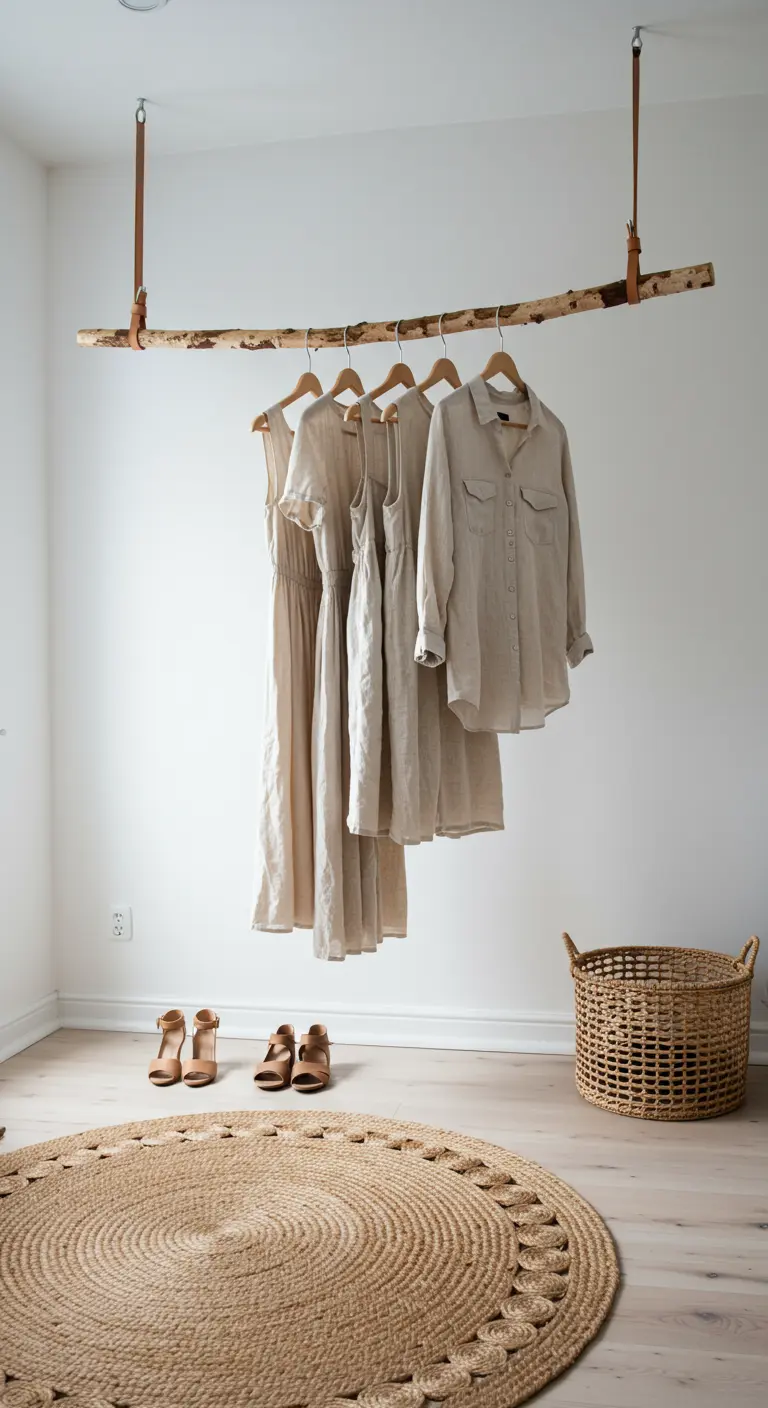 Tringle à vêtements minimaliste faite d'une branche suspendue au plafond.