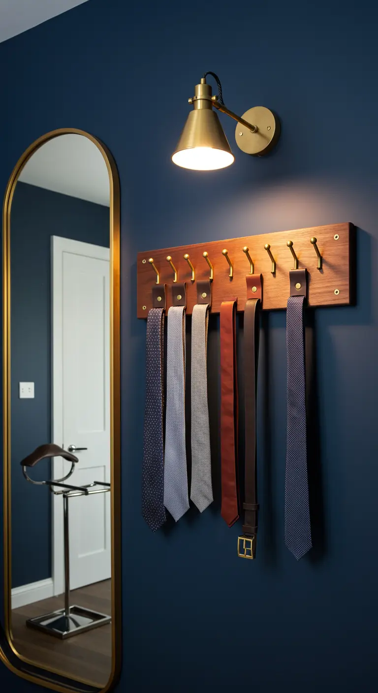 Une patère murale en bois avec des crochets en laiton supportant des cravates et ceintures.
