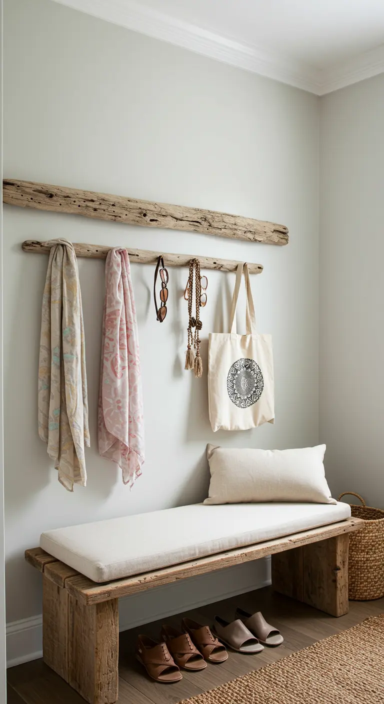 Banc et portemanteau en bois flotté dans une entrée de style côtier.