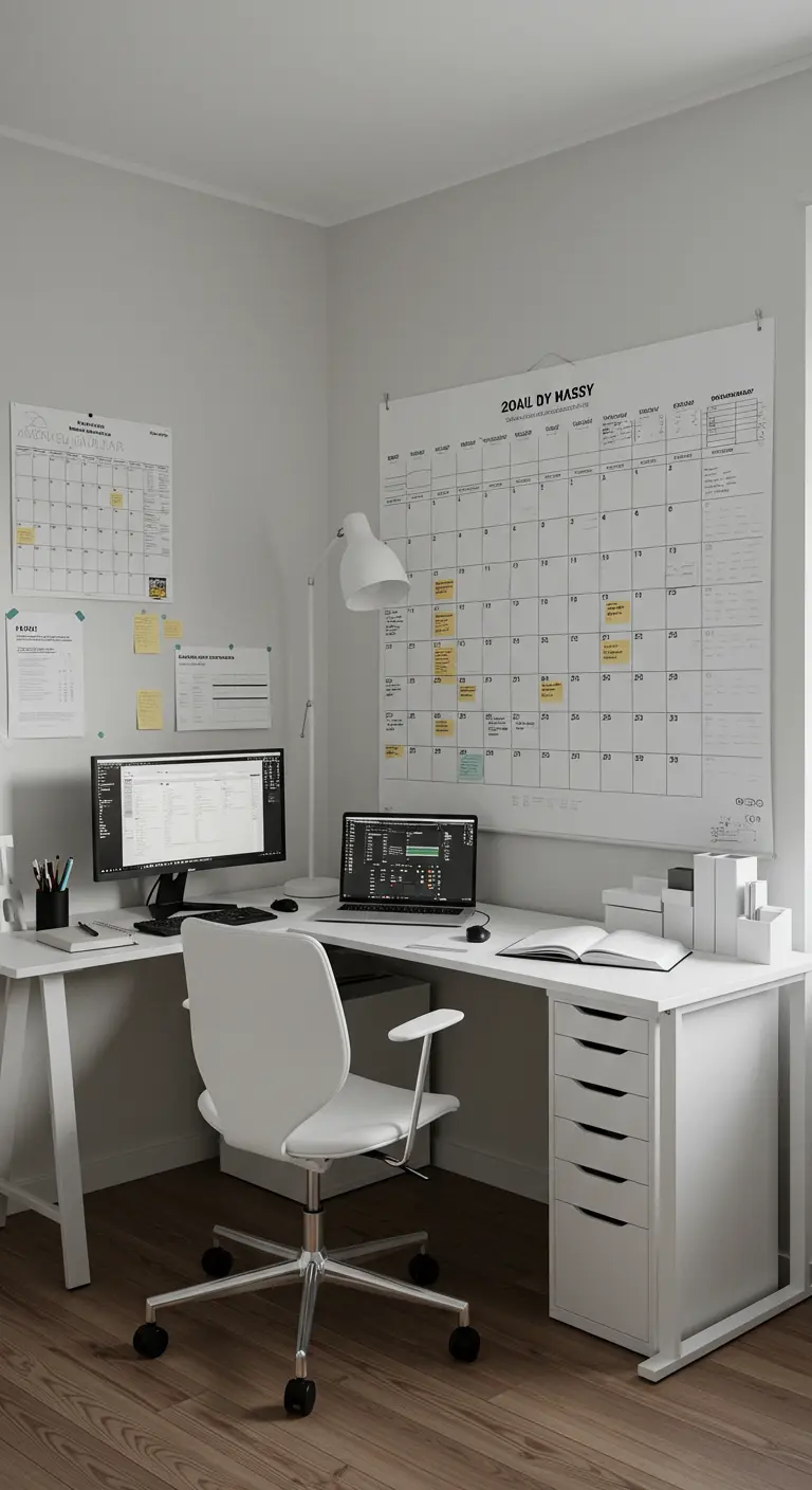 Grand bureau d'angle blanc avec de multiples calendriers muraux pour une organisation maximale.