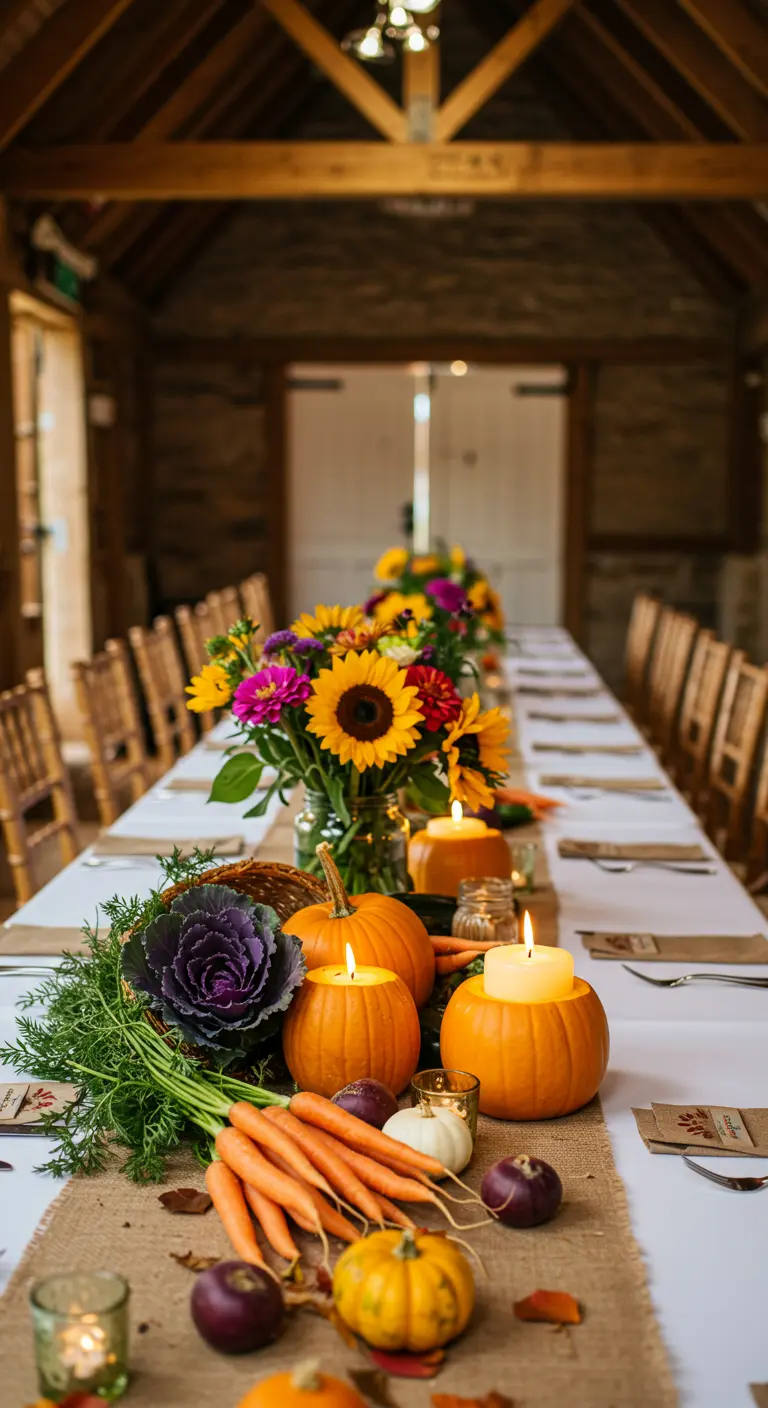Centre de table composé de légumes de saison comme des carottes, des citrouilles et du chou.