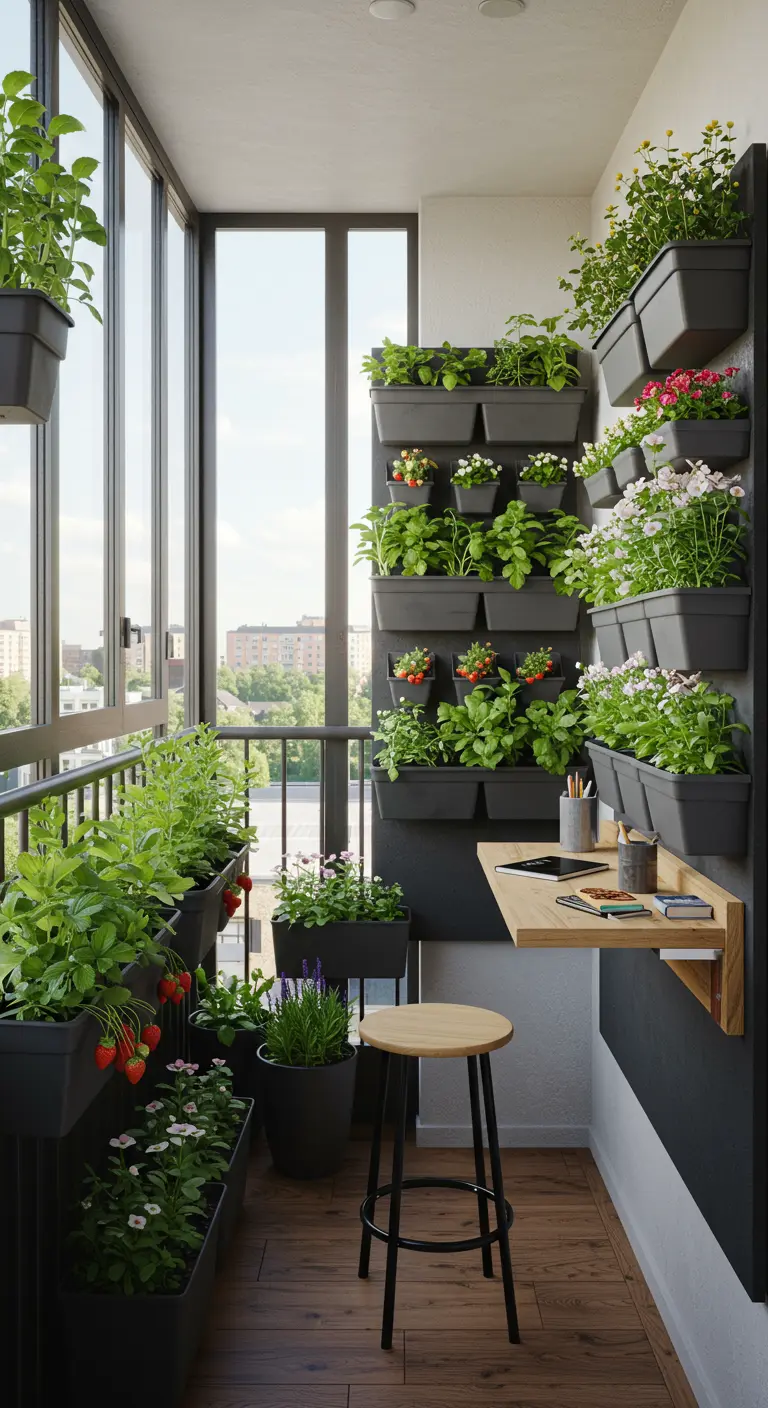 Balcon aménagé en bureau avec un mur de jardinières remplies de fraises et de plantes.