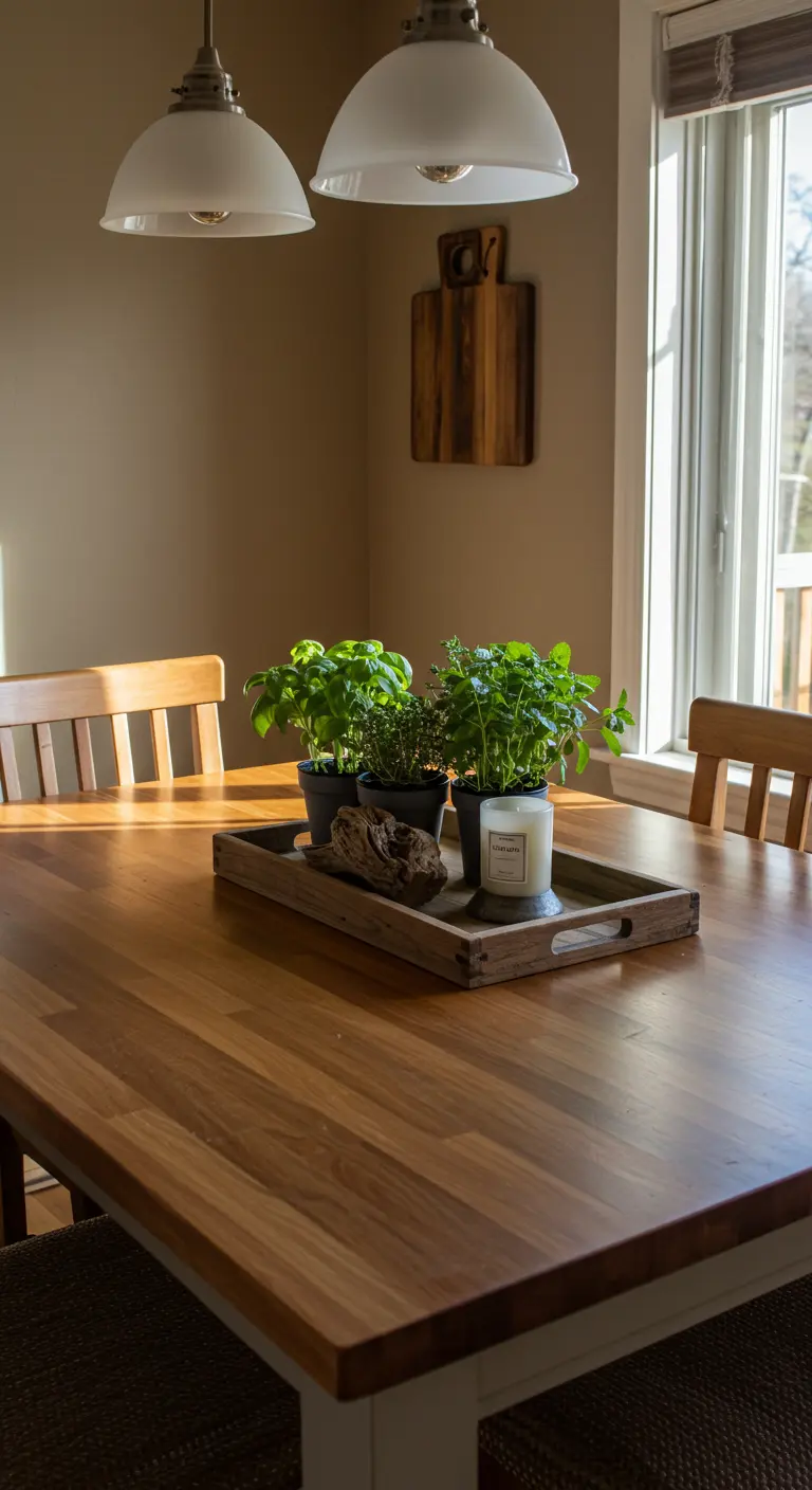 Plateau en bois avec des pots d'herbes aromatiques, un bois flotté et une bougie parfumée.