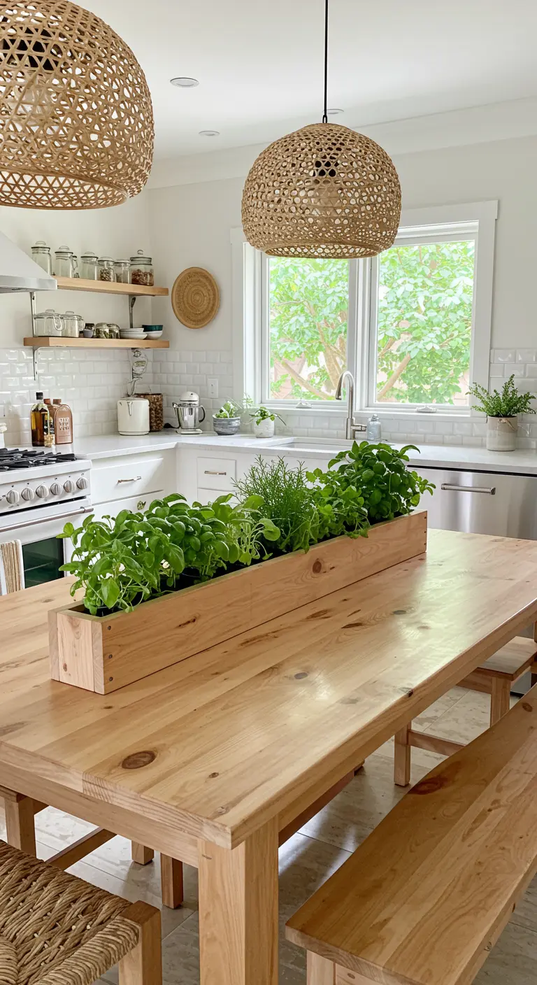 Grande table de cuisine en bois avec une longue jardinière remplie d'herbes fraîches.