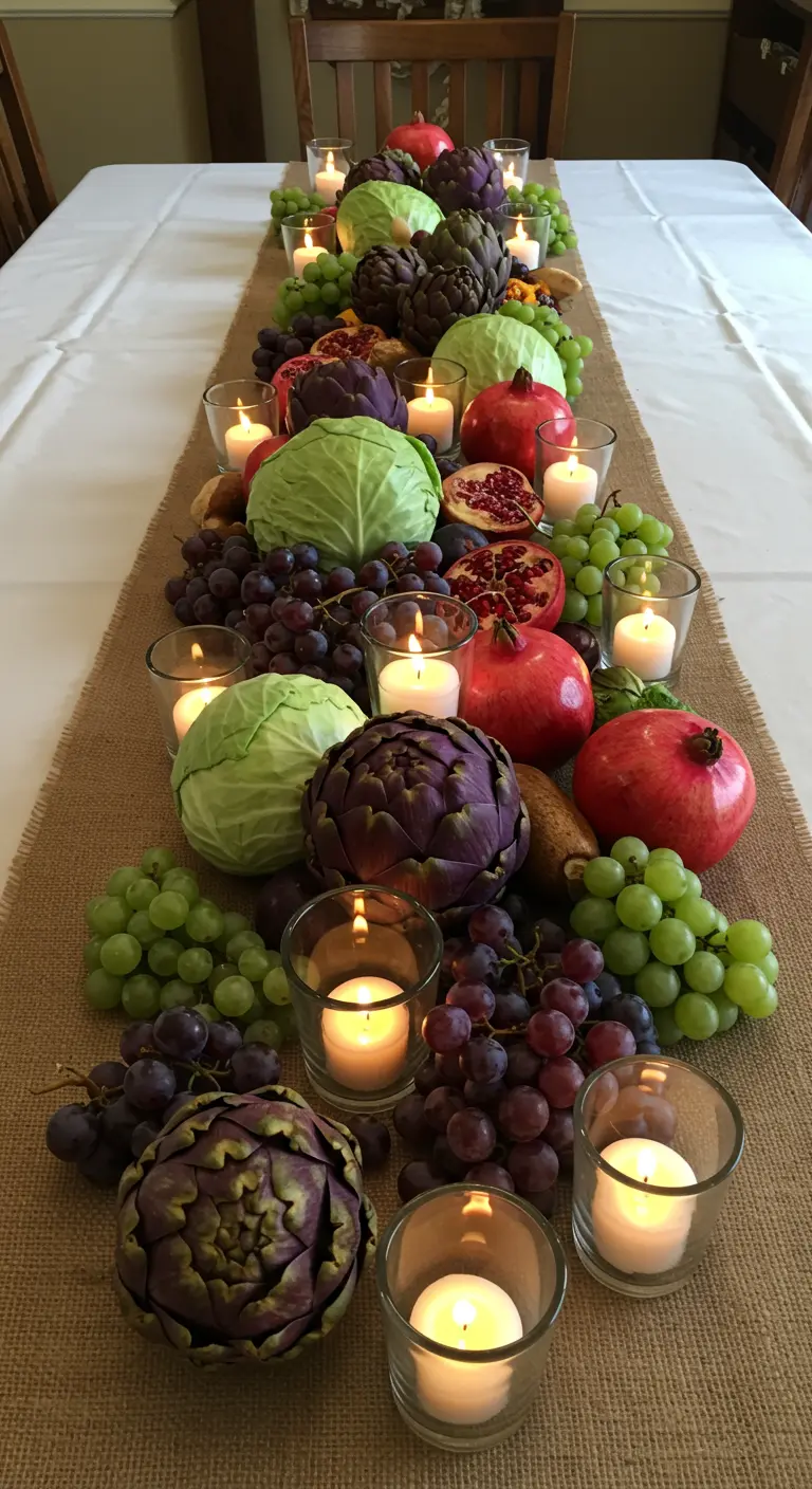 Centre de table comestible avec des artichauts, des grenades, des raisins et des bougies.