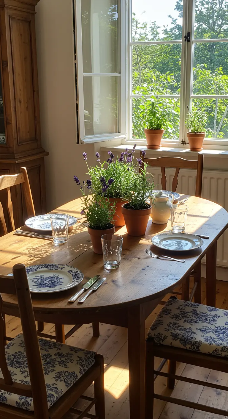 Pots de lavande et d'herbes aromatiques en terre cuite sur une table en bois.