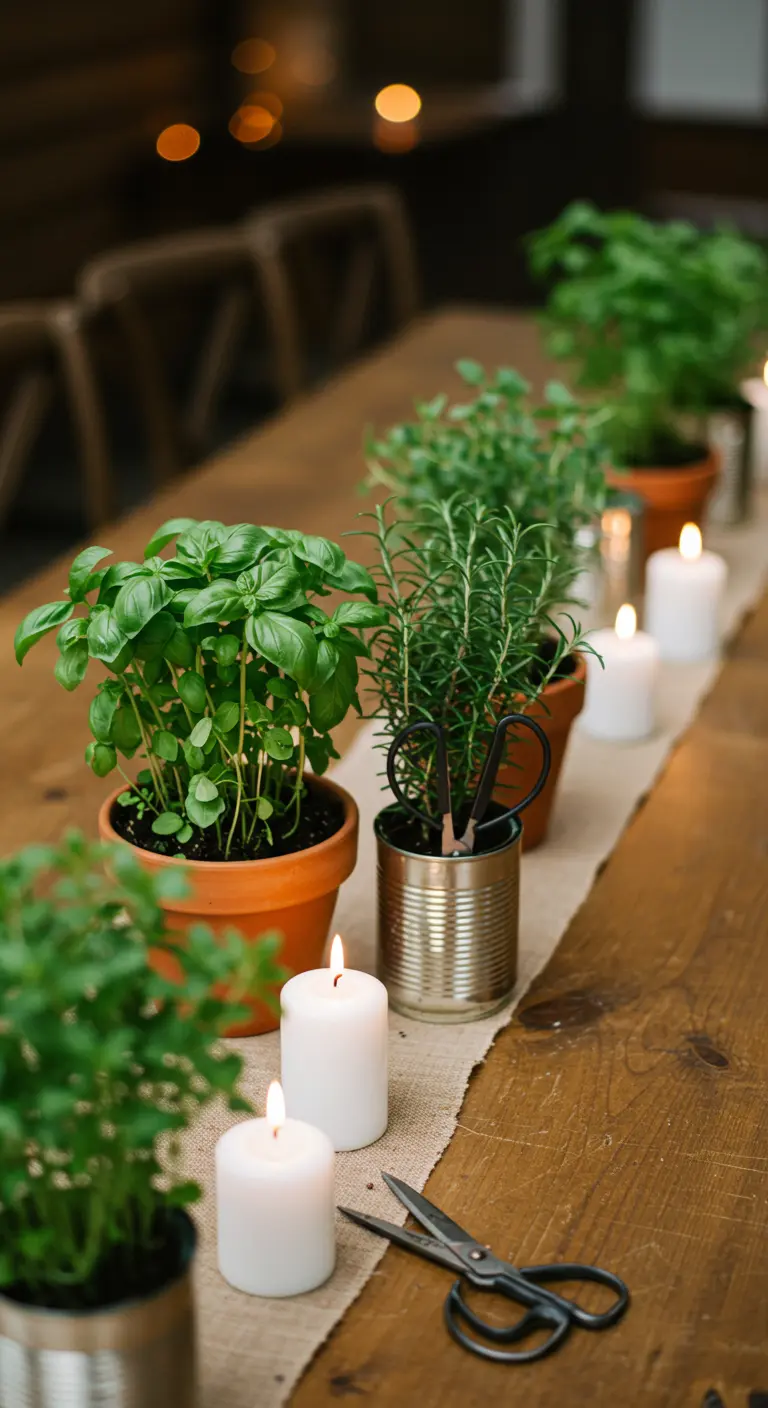 Pots d'herbes aromatiques et petites bougies blanches alignés sur une table en bois.