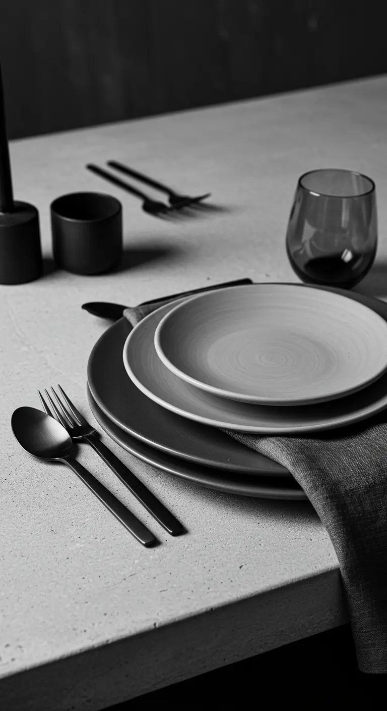 Composition d'assiettes monochromes grises et blanches avec couverts noirs.