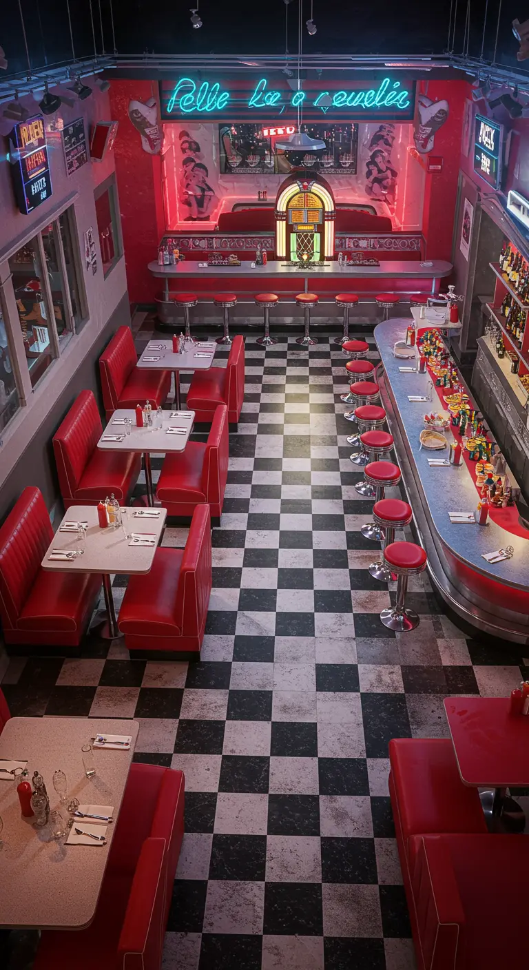 Vue plongeante sur un diner avec sol à damier et banquettes rouges.