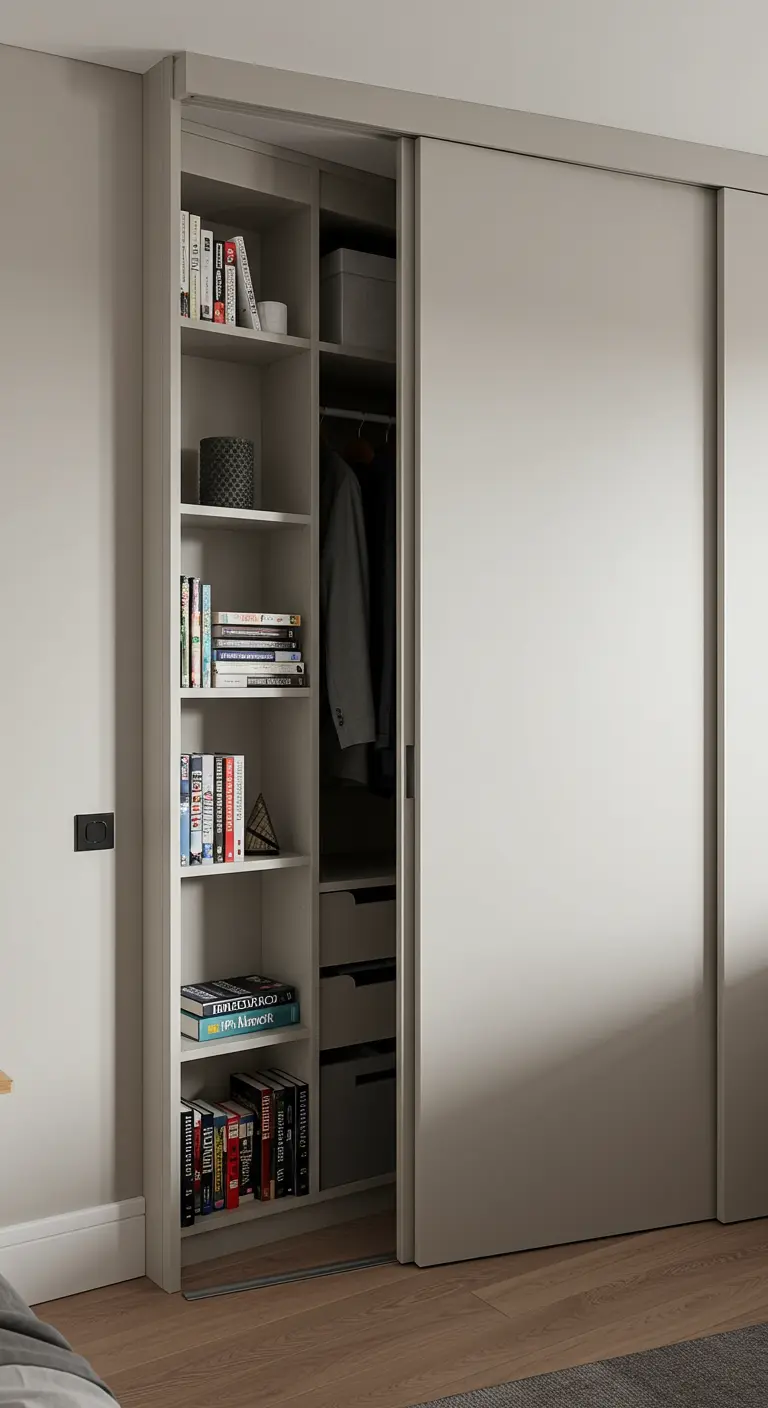 Dressing avec porte coulissante cachant une bibliothèque latérale intégrée.