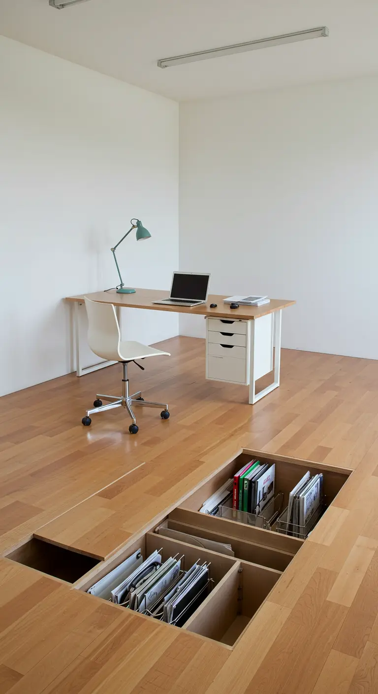 Trappes ouvertes dans un plancher en bois révélant des classeurs sous un bureau.