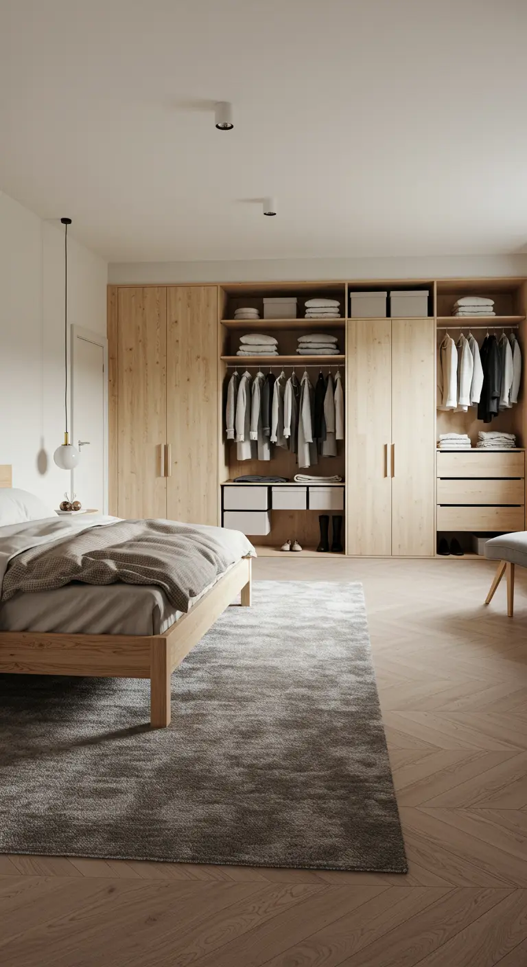 Chambre spacieuse avec un grand dressing intégré en bois clair et un lit au centre.