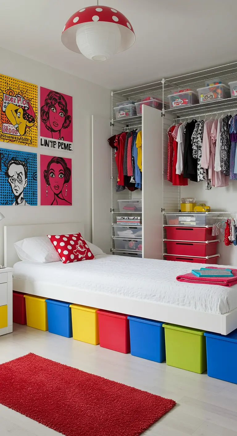 Chambre d'ado avec des bacs de rangement en plastique colorés sous le lit et un dressing ouvert.