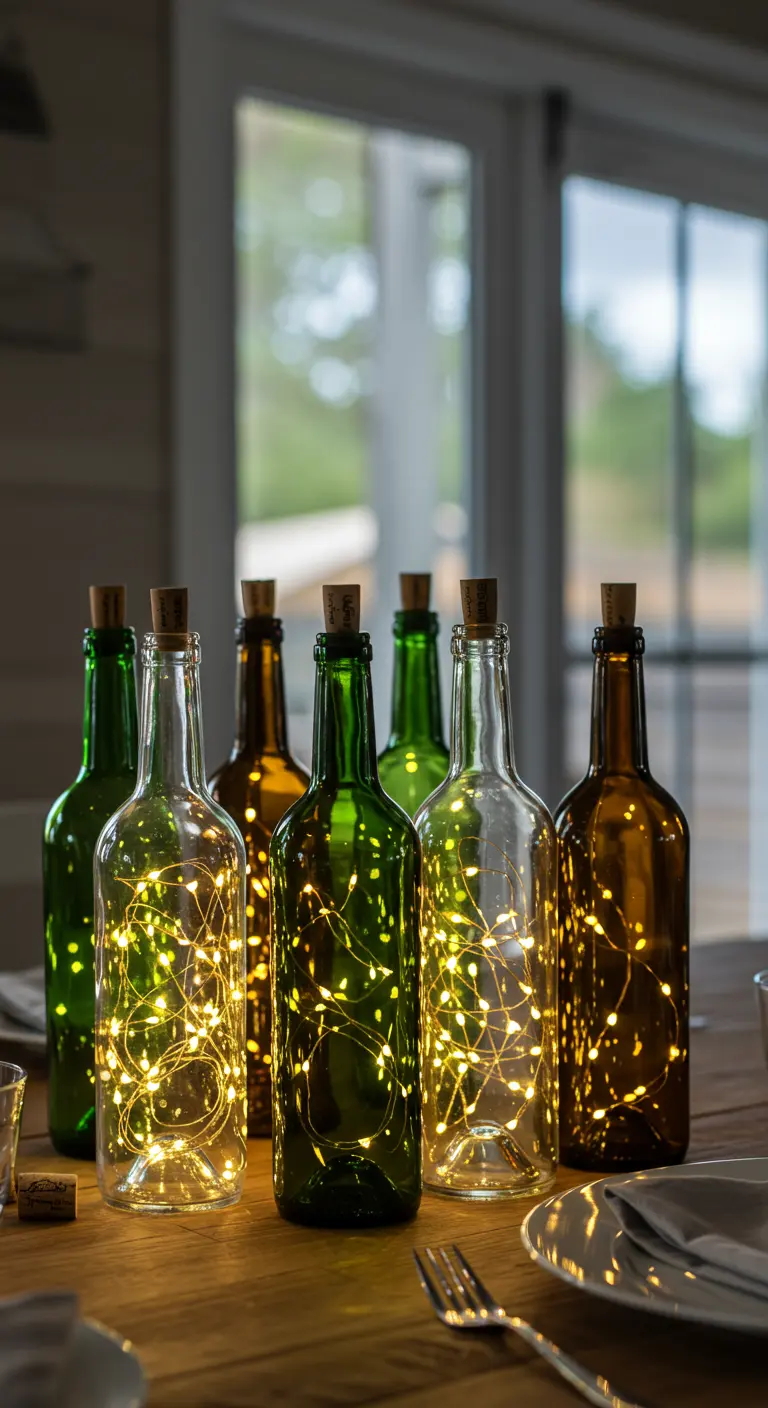 Centre de table composé de bouteilles de vin de différentes couleurs remplies de guirlandes lumineuses.