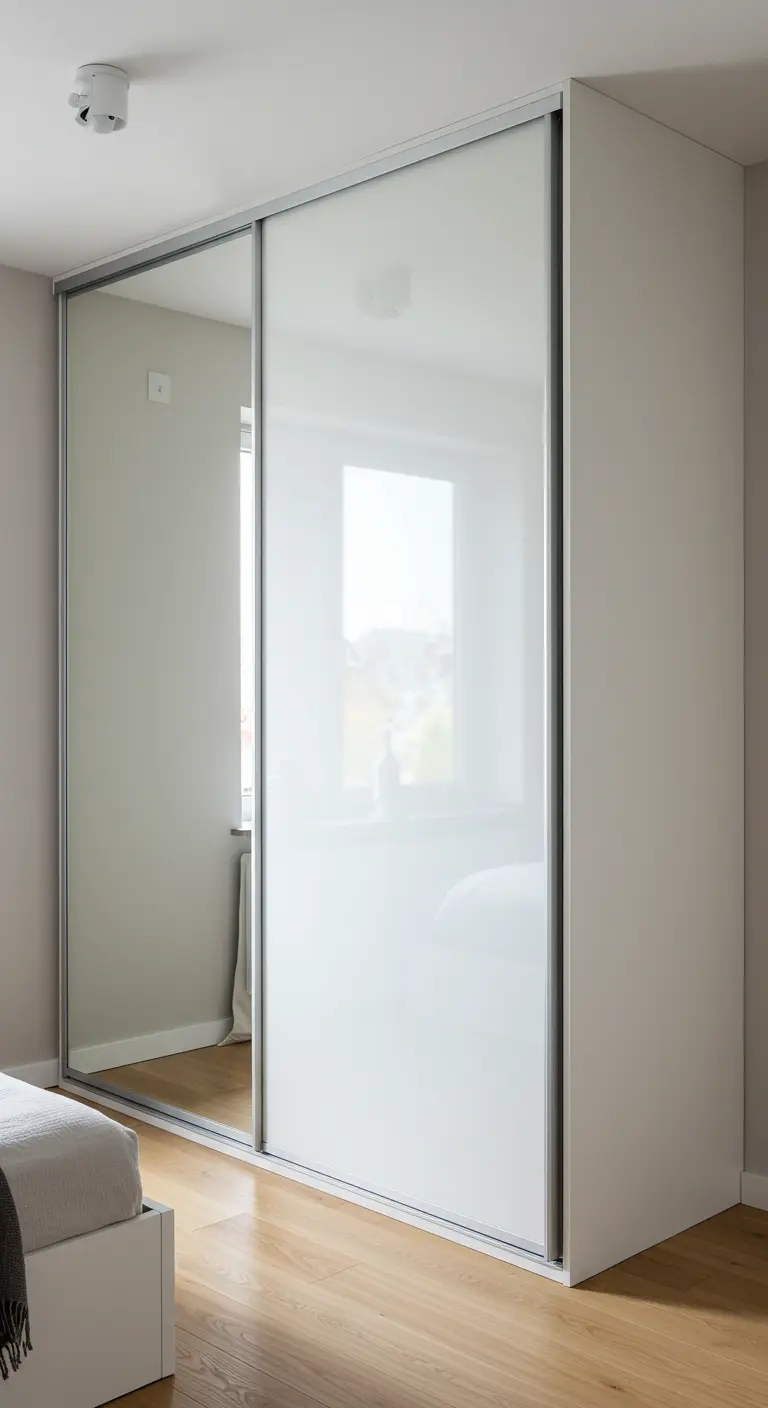 Armoire à portes coulissantes, dont une est un miroir, dans une chambre lumineuse.