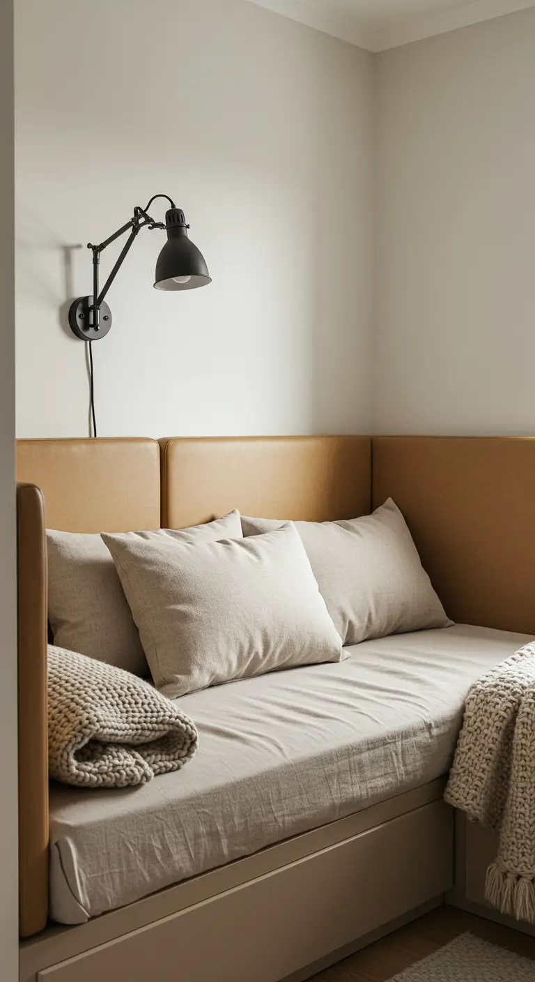 Tête de lit d'angle façon banquette en similicuir camel dans une petite chambre.