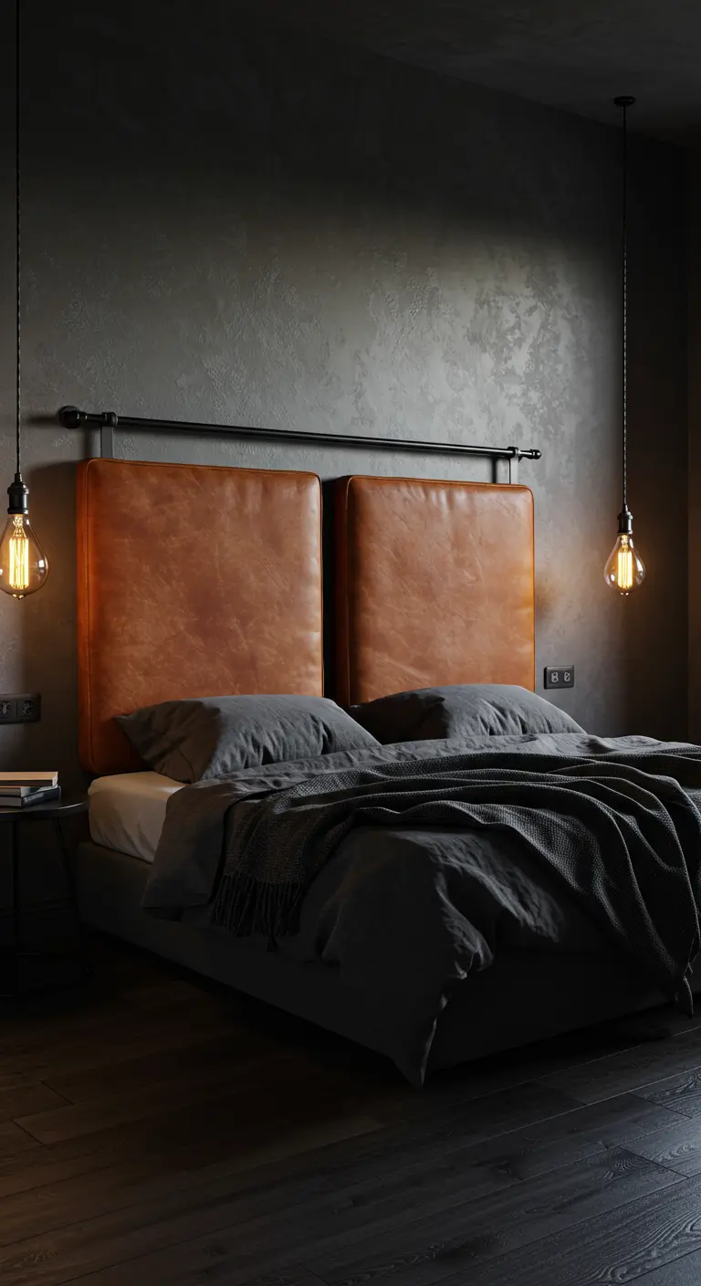 Deux grands coussins carrés en cuir cognac suspendus à une tringle métallique noire.