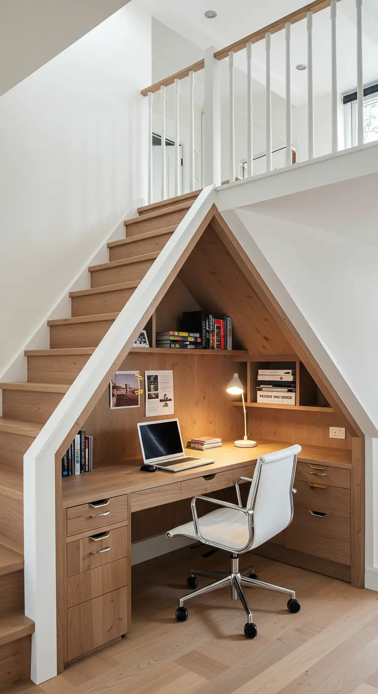 Bureau en bois sur mesure aménagé dans l'espace sous un escalier en bois.