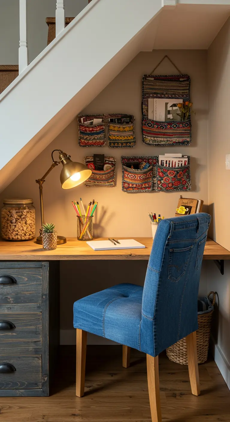 Petit bureau aménagé sous un escalier avec une chaise recouverte de jean et rangements muraux.