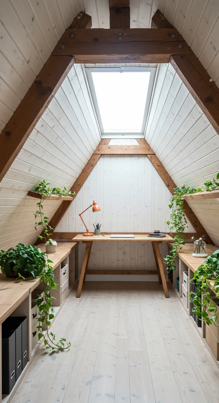 Bureau en bois sous les combles avec poutres apparentes, éclairé par une fenêtre de toit.