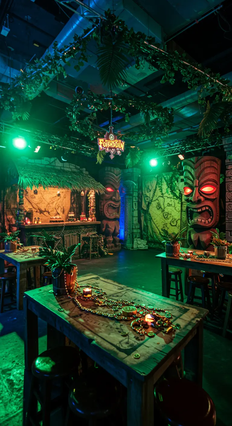 Intérieur d'une fête à thème hawaïen avec une grande statue tiki aux yeux rouges lumineux.