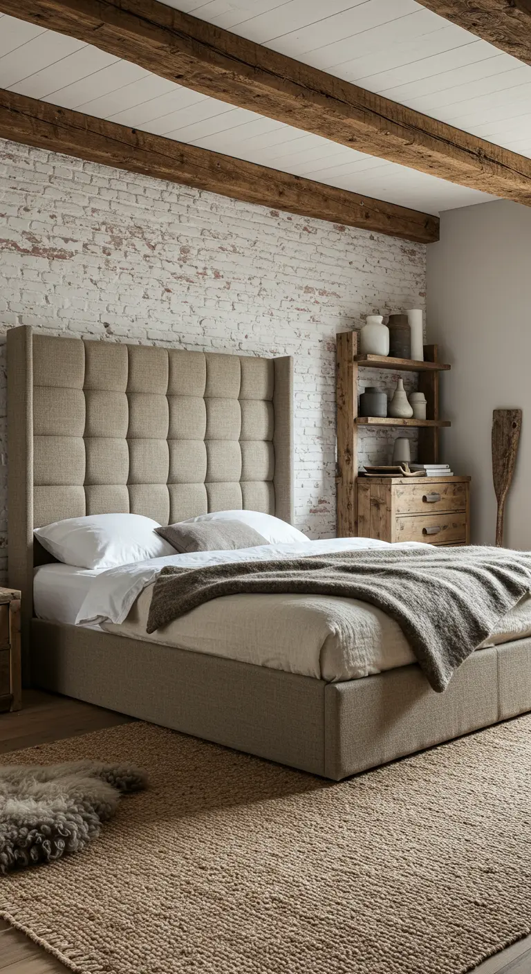 Grande tête de lit quadrillée beige avec oreilles dans une chambre rustique chic.