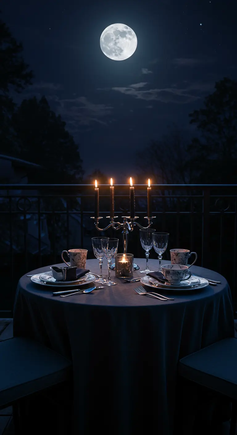 Dîner romantique sur un balcon, éclairé par un chandelier et la lumière d'une pleine lune.