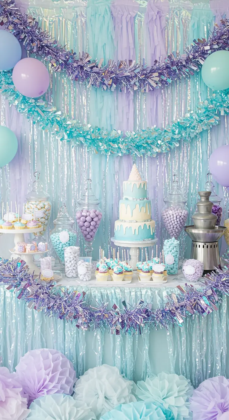 Buffet de bonbons aux couleurs pastel irisées avec des guirlandes scintillantes.