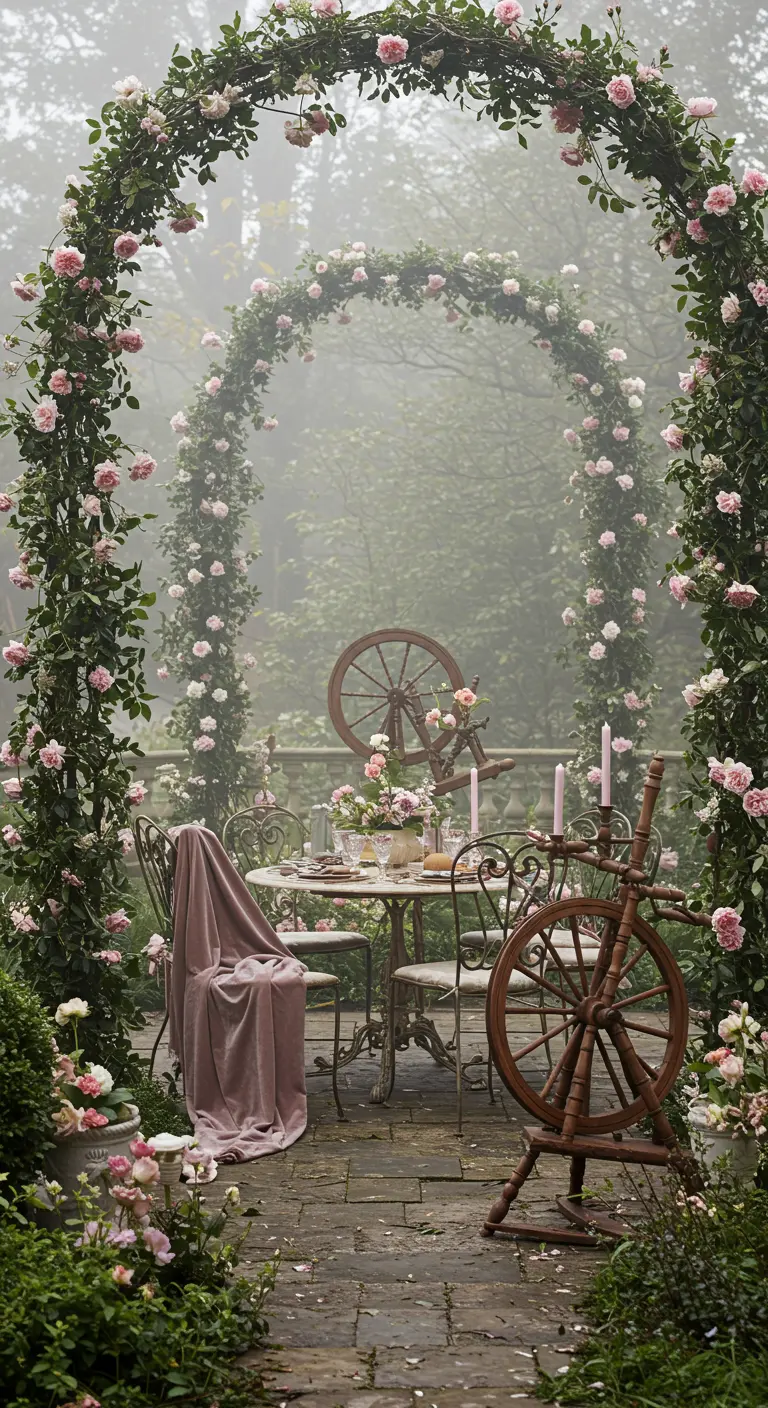 Arche de roses romantiques et rouets dans un jardin brumeux.