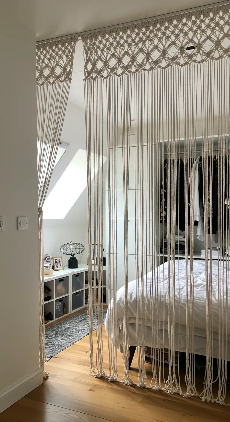 Grand rideau en macramé servant de séparation entre une chambre et un dressing.