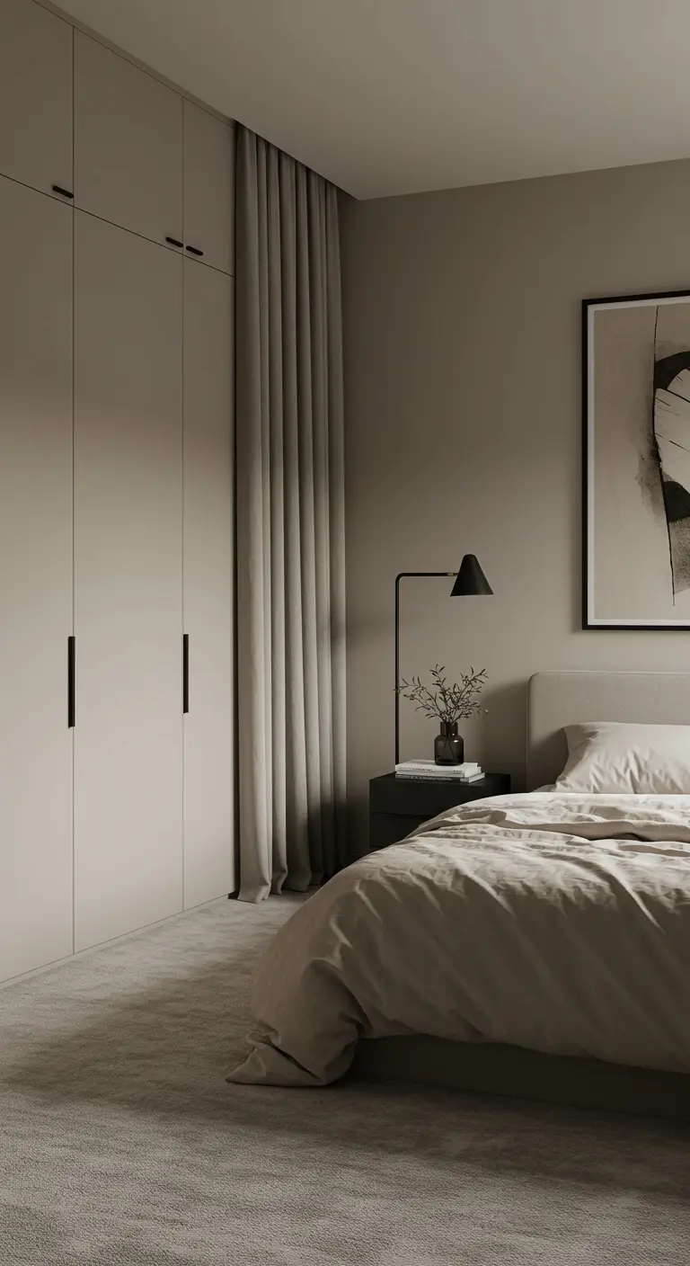 Chambre beige avec de longs rideaux couvrant tout un mur pour un effet doux.