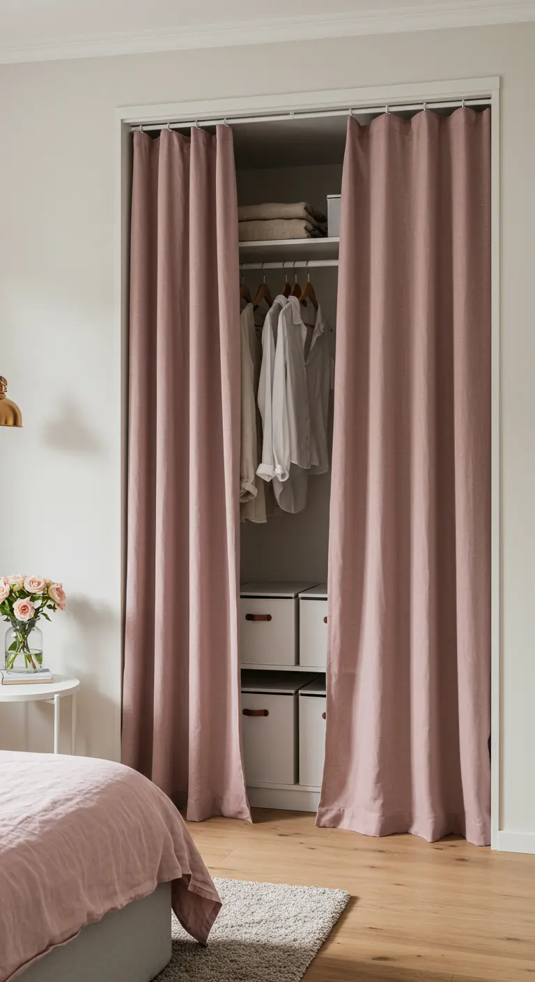 Placard fermé par de longs rideaux en lin rose poudré.