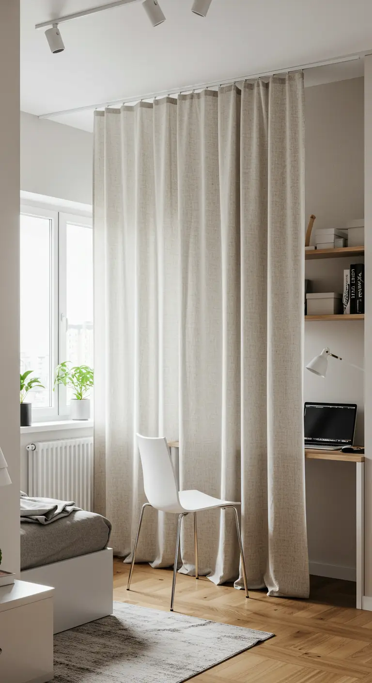 Bureau séparé d'un lit par un grand rideau beige suspendu au plafond.