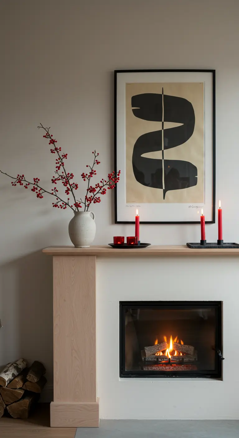 Cheminée minimaliste avec un vase de branches à baies rouges et quelques bougies fines.