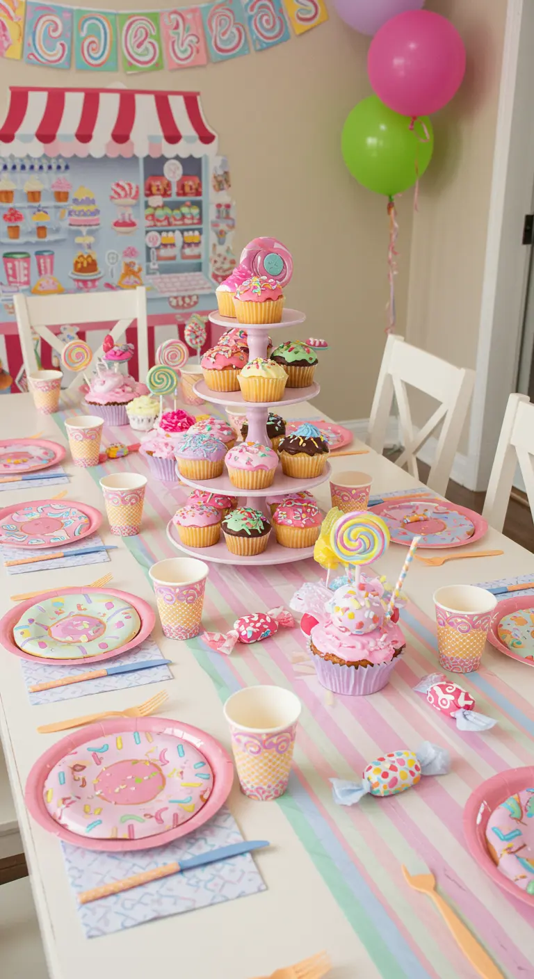 Table d'anniversaire sur le thème des bonbons avec des cupcakes et de la vaisselle pastel.
