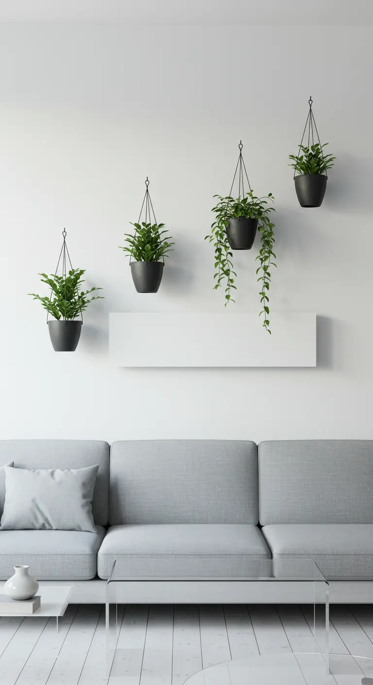Composition de quatre plantes suspendues dans des pots noirs au-dessus d'une étagère blanche flottante.