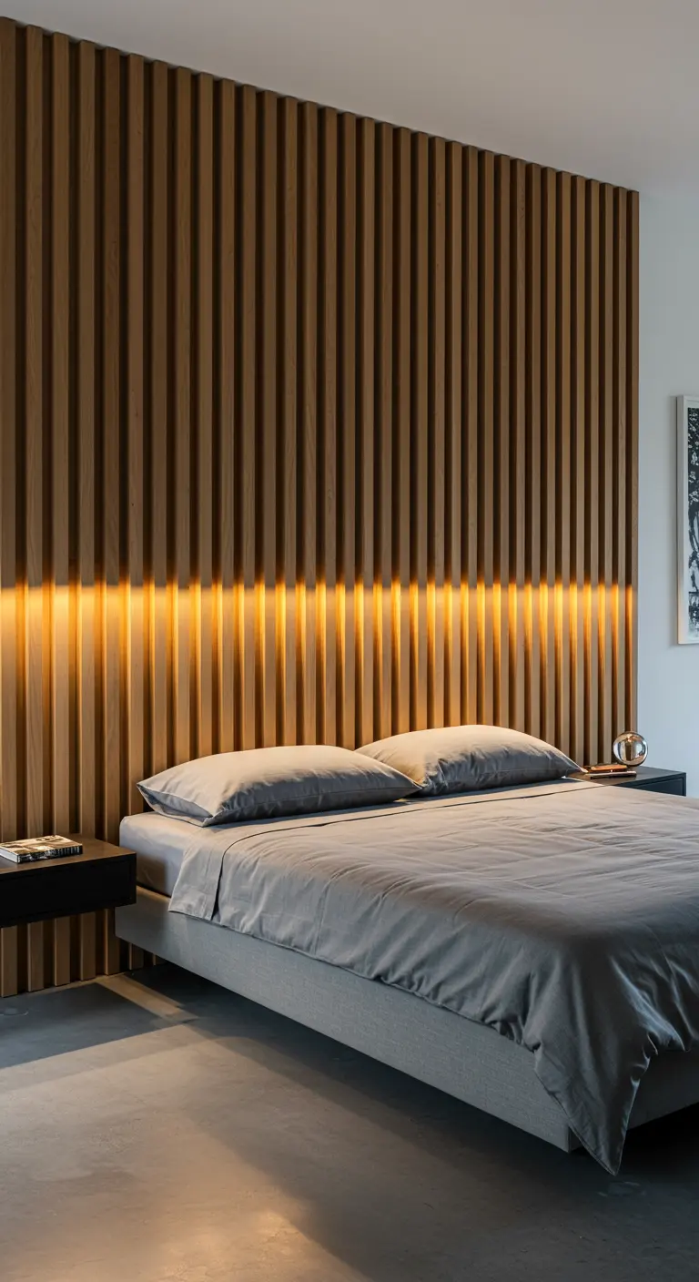 Une tête de lit faite de tasseaux de bois verticaux avec une ligne de lumière LED intégrée.