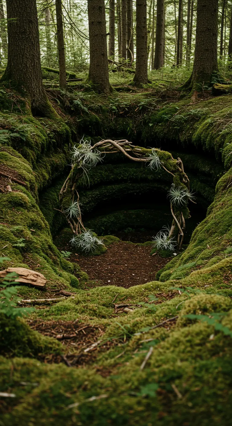 Arche organique en bois flotté et tillandsias à l'entrée d'une cavité recouverte de mousse.