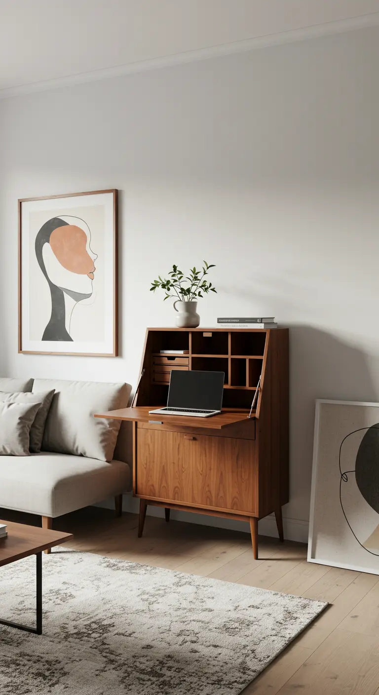 Bureau secrétaire de style mid-century en bois avec abattant ouvert.