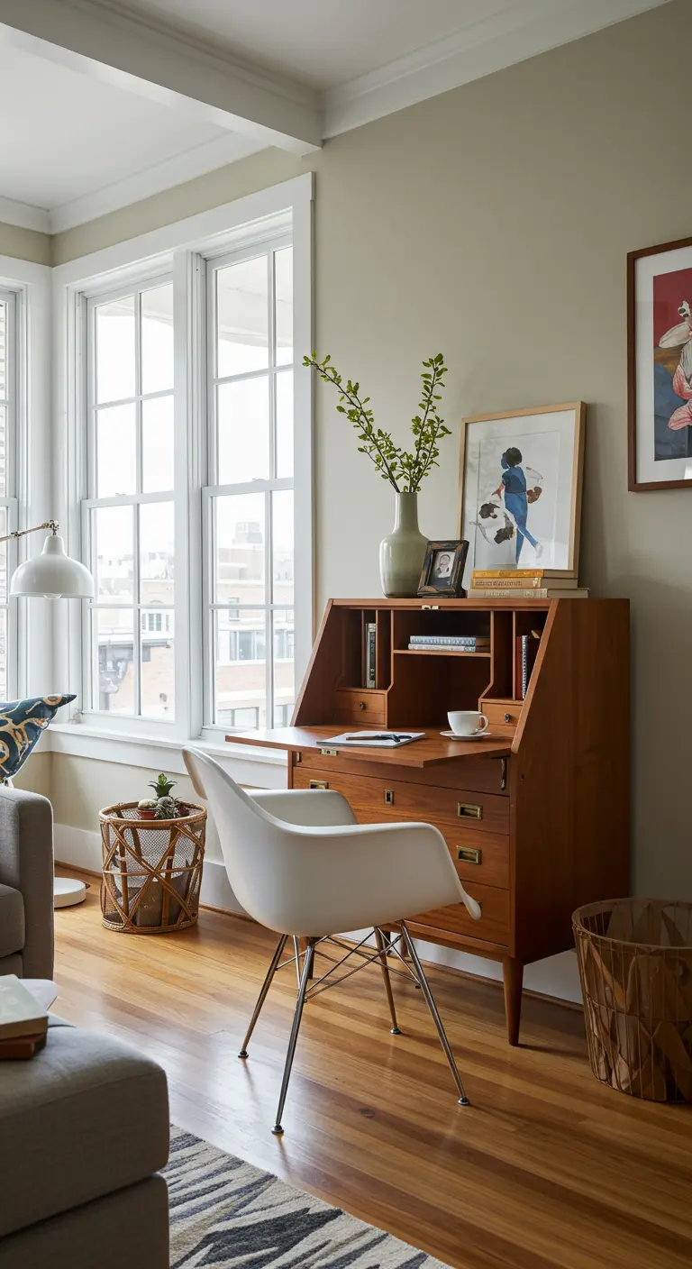 Secrétaire vintage en bois avec un abattant ouvert, placé près d'une fenêtre.