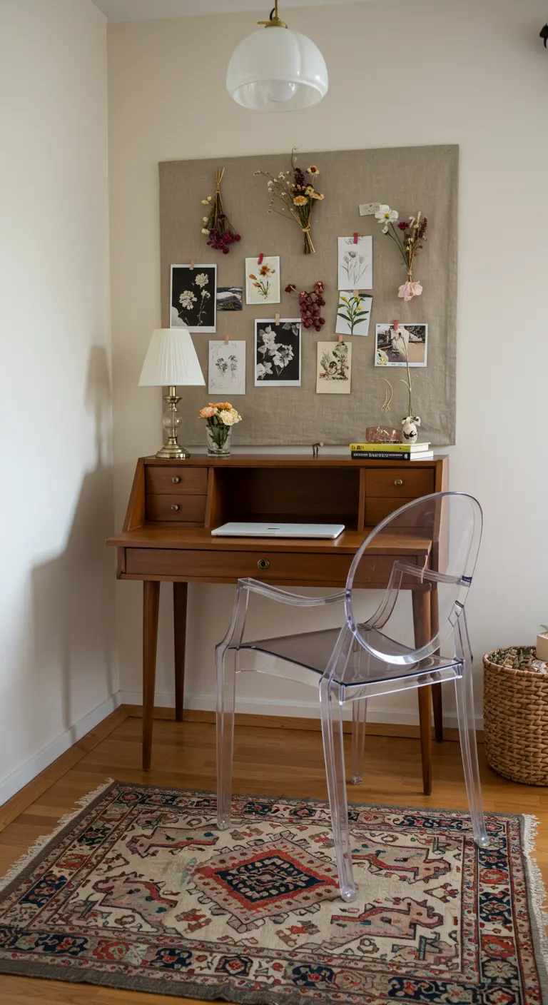 Coin bureau avec secrétaire en bois, chaise transparente et tableau en lin.