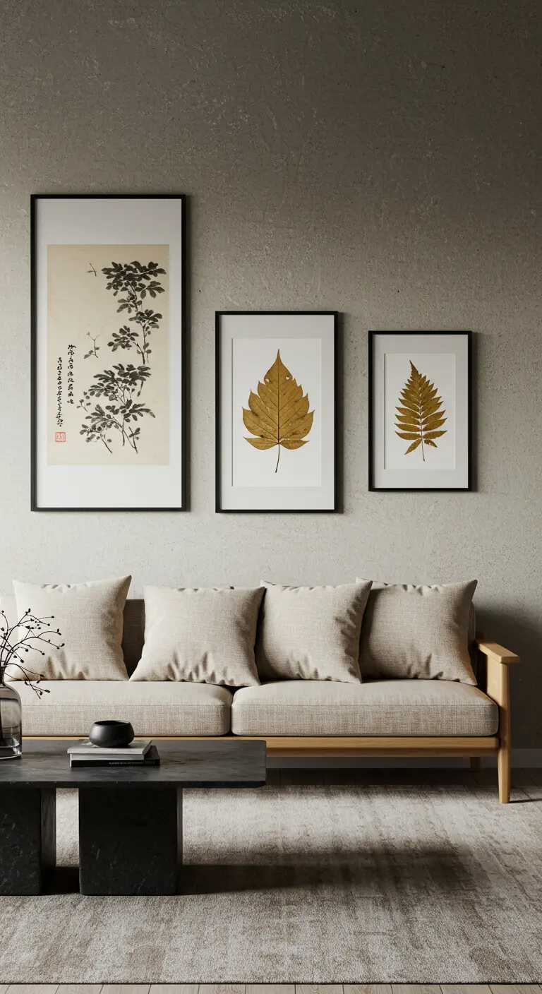 Trois cadres d'inspiration japonaise avec des motifs de feuilles au-dessus d'un canapé beige.