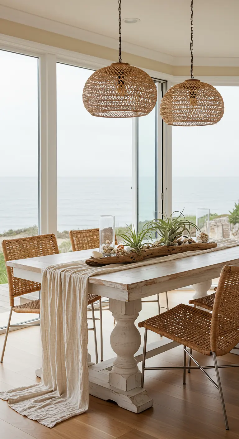 Table côtière avec un centre de table en bois flotté et des plantes aériennes.