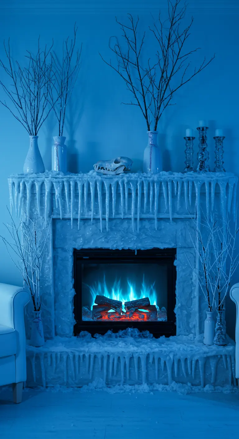 Cheminée transformée en décor de glace avec des stalactites et un éclairage bleu.