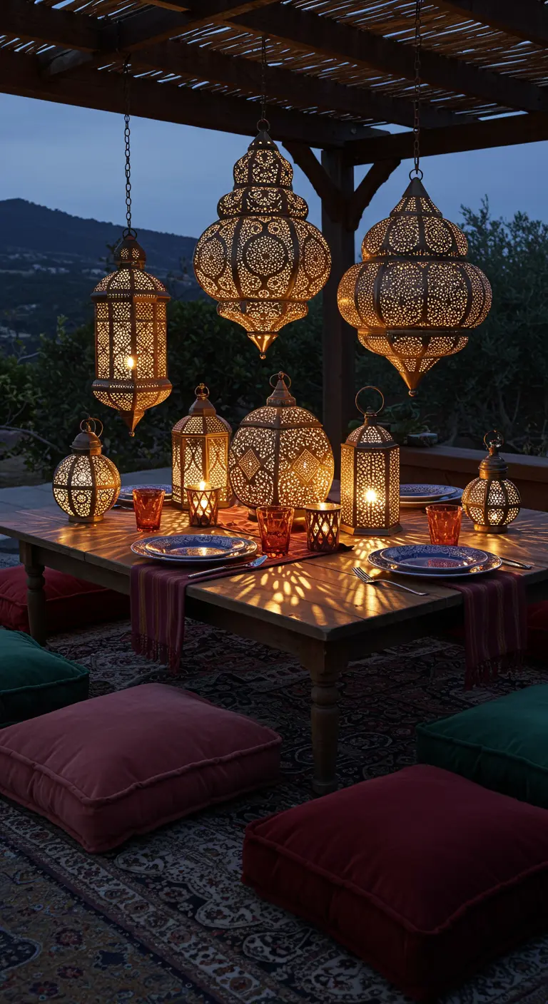 Dîner en plein air sous une pergola avec des lanternes marocaines suspendues projetant des ombres.