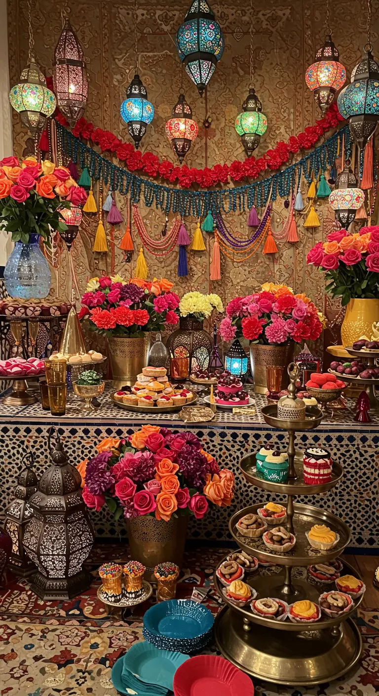 Buffet oriental très coloré avec des lanternes marocaines, des roses et des plats en laiton.